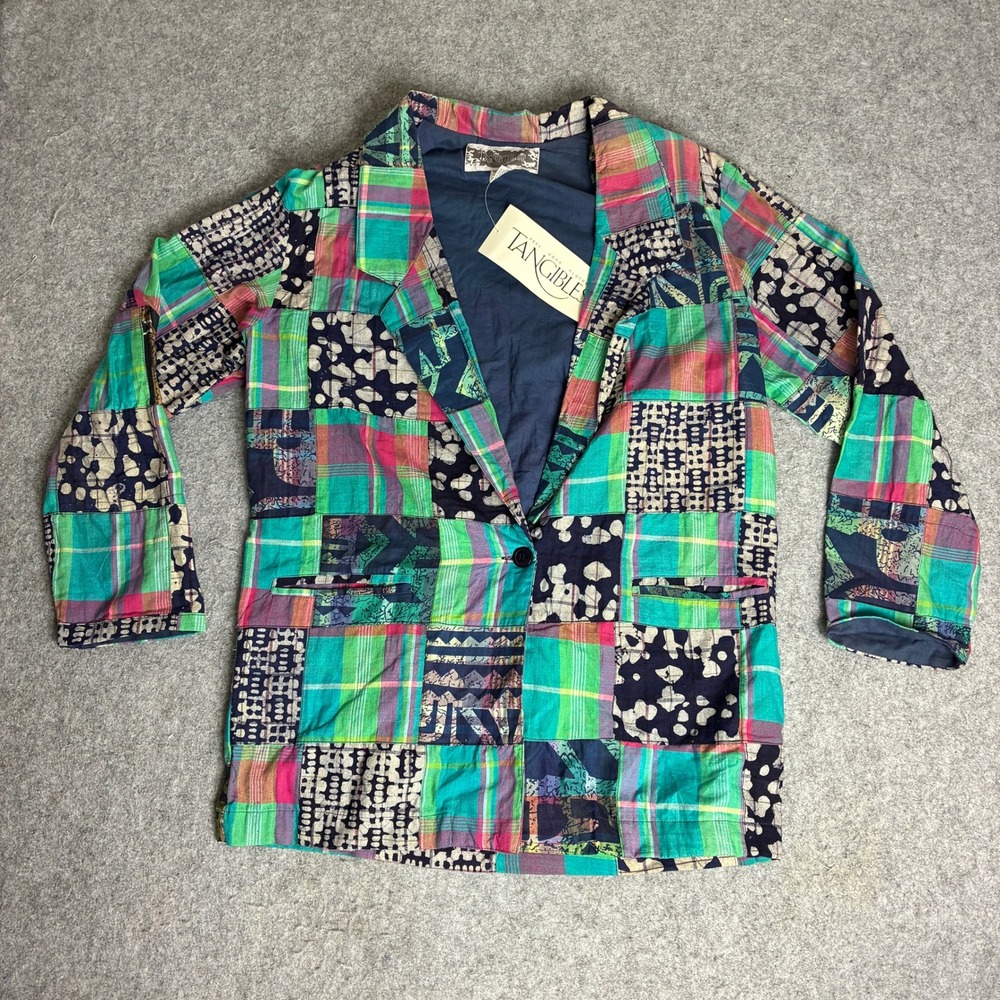 Tangibles Size M Patchwork Blazer Jacket Multi Color Plaid Abstract Art To Wear